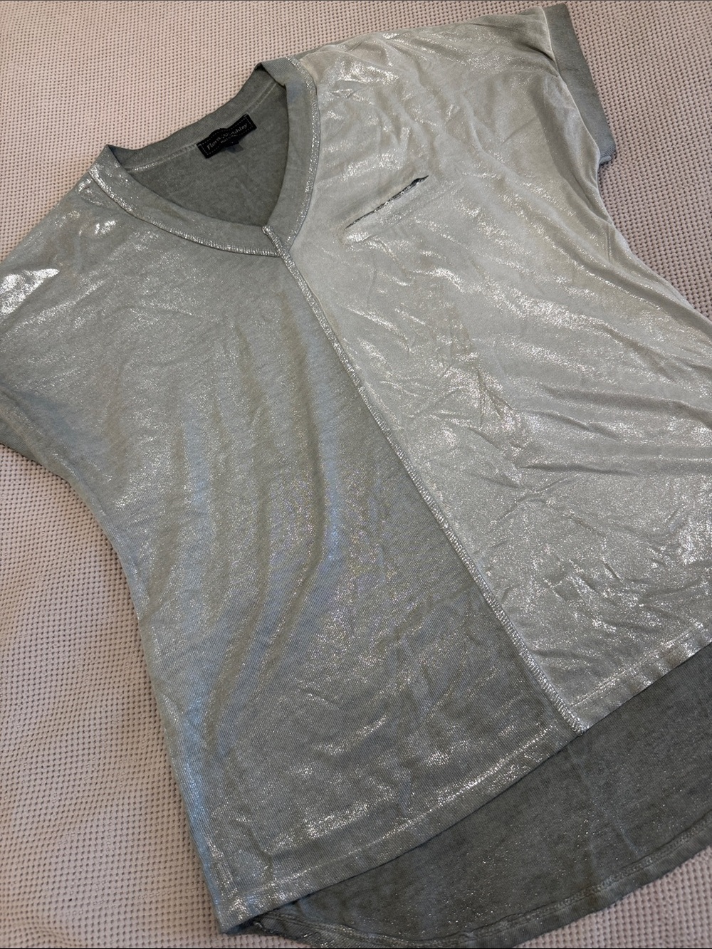 Metallic Silver Shimmer V-Neck Top